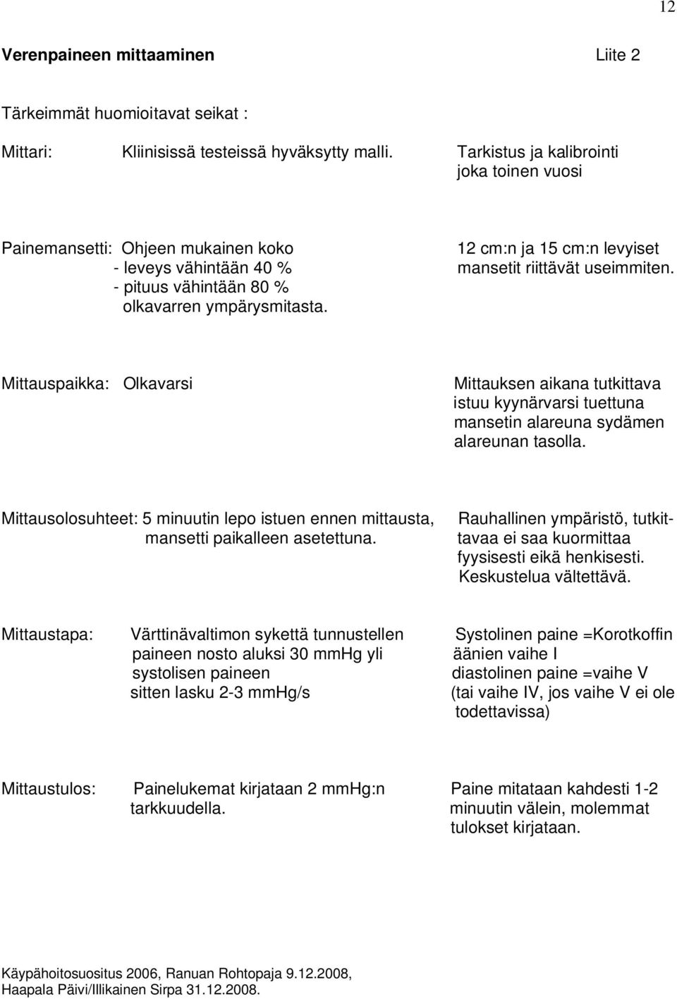 - pituus vähintään 80 % olkavarren ympärysmitasta. Mittauspaikka: Olkavarsi Mittauksen aikana tutkittava istuu kyynärvarsi tuettuna mansetin alareuna sydämen alareunan tasolla.