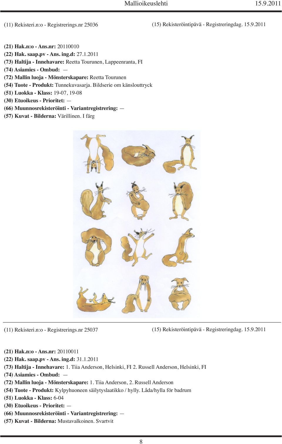 n:o - Ans.nr: 20110011 (22) Hak. saap.pv - Ans. ing.d: 31.1.2011 (73) Haltija - Innehavare: 1. Tiia Anderson, Helsinki, FI 2. Russell Anderson, Helsinki, FI (72) Mallin luoja - Mönsterskapare: 1.