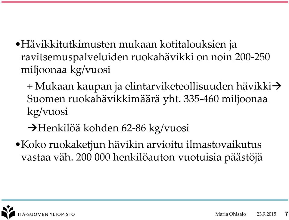 yht. 335-460 miljoonaa kg/vuosi Henkilöä kohden 62-86 kg/vuosi Koko ruokaketjun hävikin