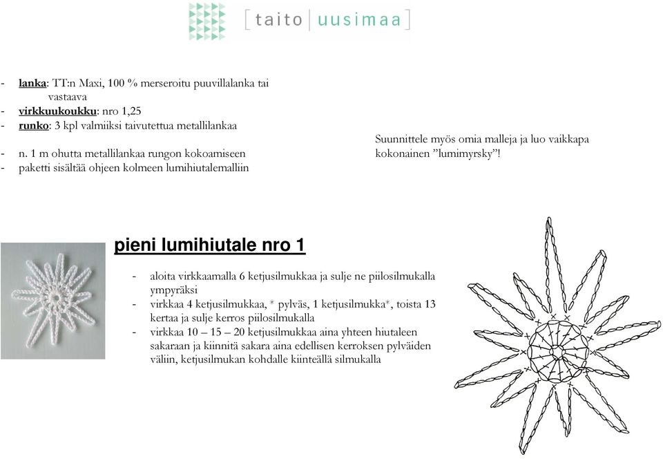 - paketti sisältää ohjeen kolmeen lumihiutalemalliin pieni lumihiutale nro 1 - aloita virkkaamalla 6 ketjusilmukkaa ja sulje ne piilosilmukalla ympyräksi - virkkaa 4