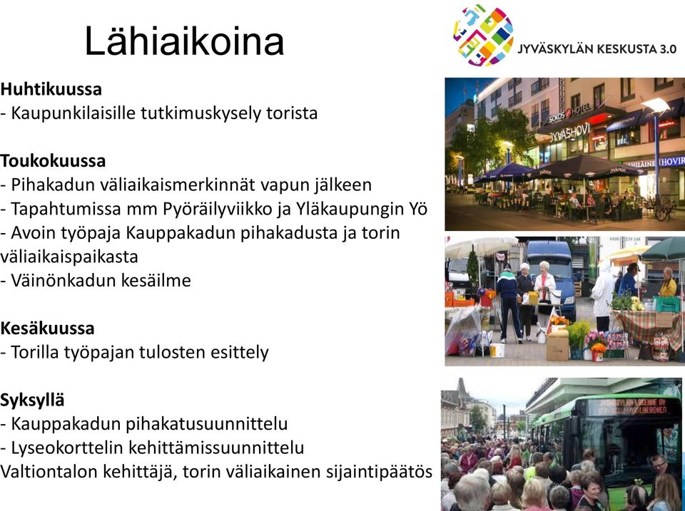 torin väliaikaispaikasta - Väinönkadun kesäilme Kesäkuussa - Torilla työpajan tulosten esittely Syksyllä -