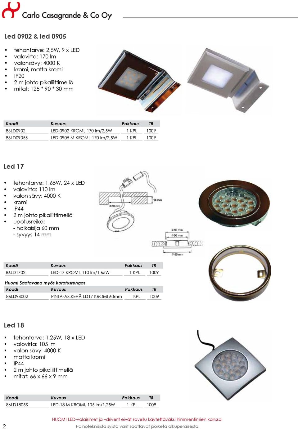 KROMI, 170 lm/2,5w 1 KPL 1009 Led 17 tehontarve: 1,65W, 24 x LED valovirta: 110 lm valon sävy: 4000 K kromi IP44 2 m johto pikaliittimellä upotusreikä: - halkaisija 60 mm - syvyys 14 mm 86LD1702