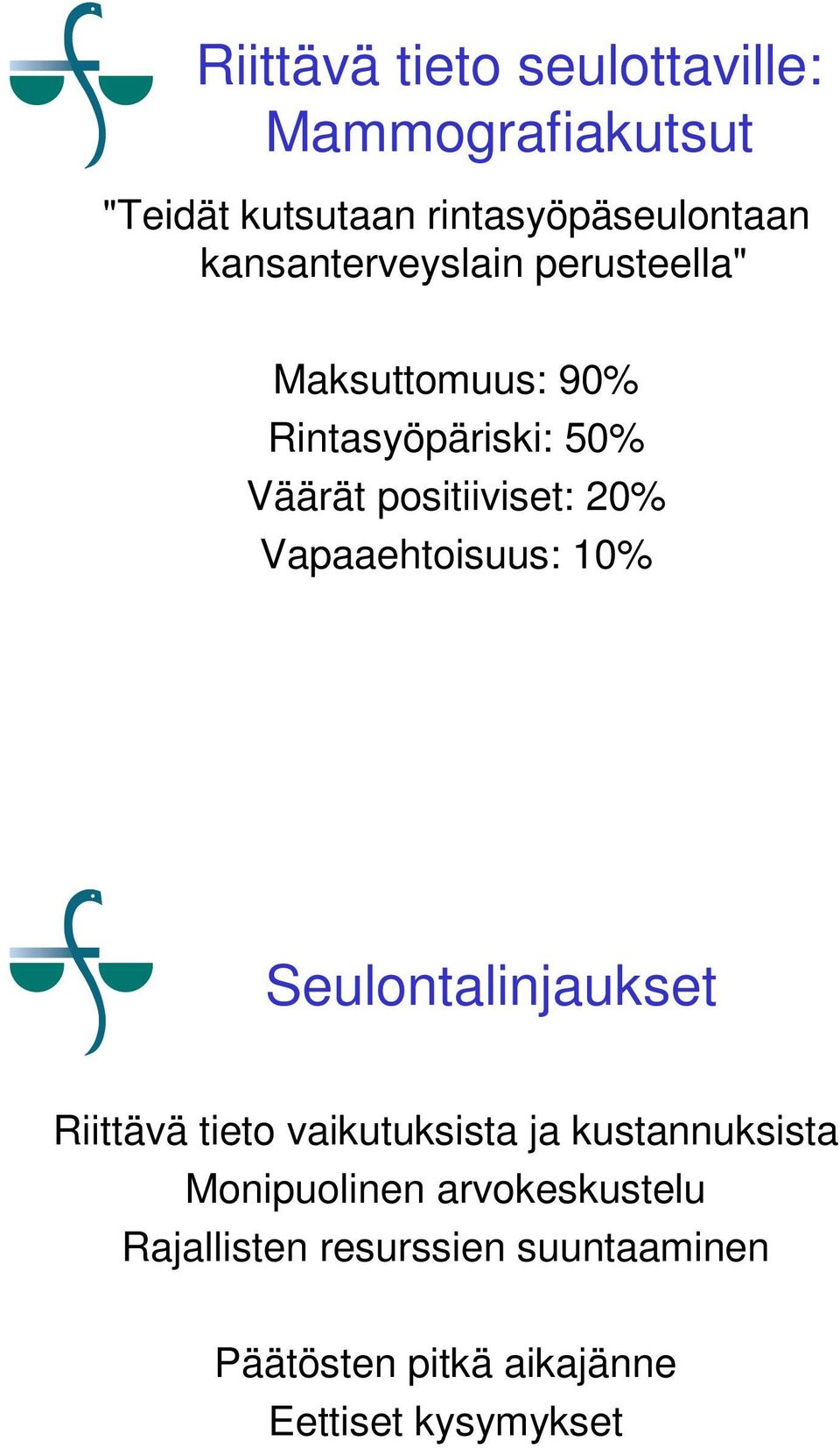 Vapaaehtoisuus: 10% Seulontalinjaukset Riittävä tieto vaikutuksista ja kustannuksista