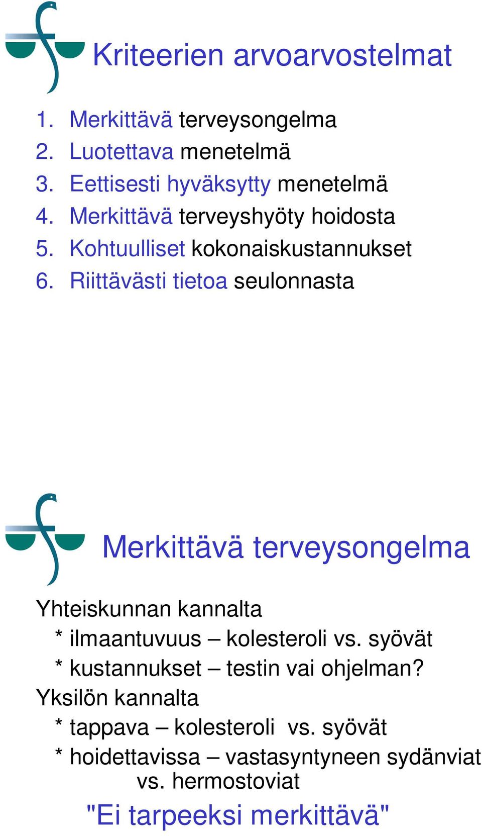 Riittävästi tietoa seulonnasta Merkittävä terveysongelma Yhteiskunnan kannalta * ilmaantuvuus kolesteroli vs.