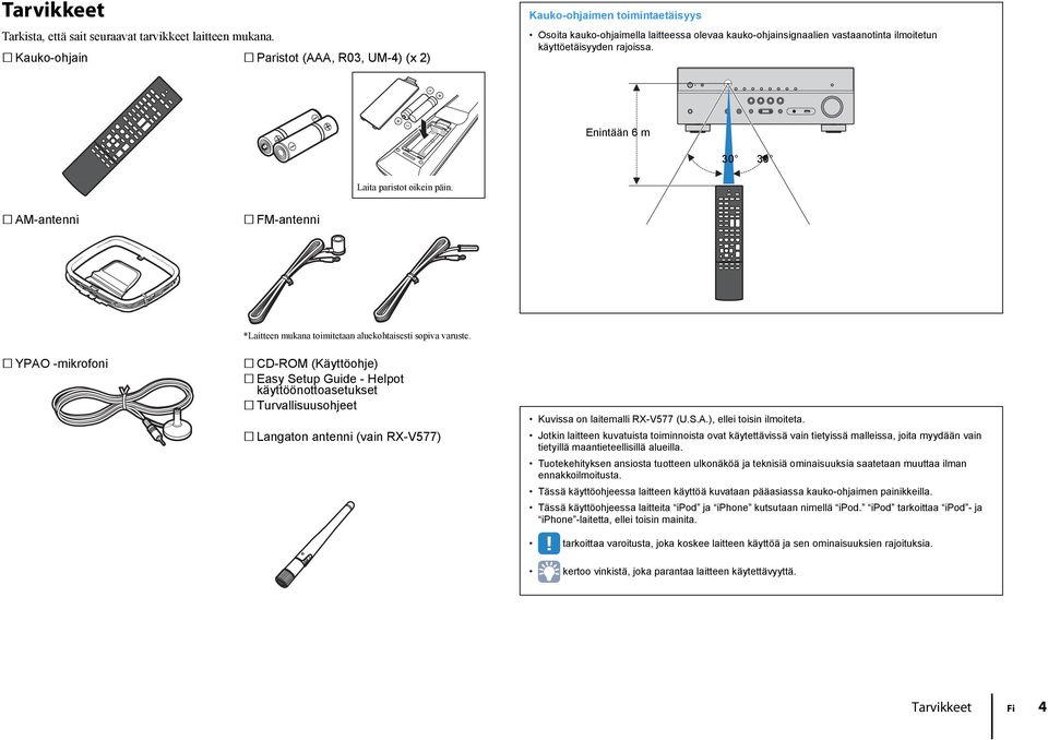 Enintään 6 m 30 30 Laita paristot oikein päin. AM-antenni FM-antenni YPAO -mikrofoni *Laitteen mukana toimitetaan aluekohtaisesti sopiva varuste.