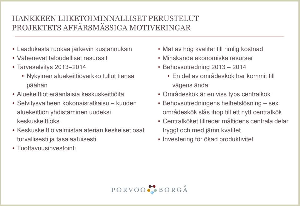 aterian keskeiset osat turvallisesti ja tasalaatuisesti Tuottavuusinvestointi Mat av hög kvalitet till rimlig kostnad Minskande ekonomiska resurser Behovsutredning 2013 2014 En del av områdeskök har