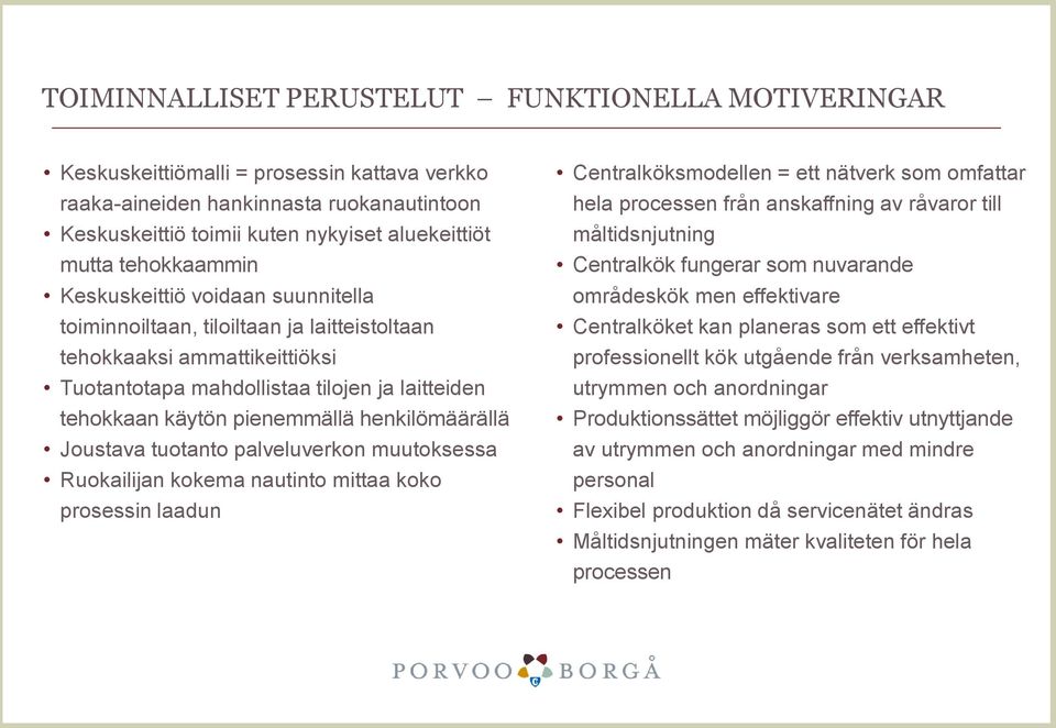 henkilömäärällä Joustava tuotanto palveluverkon muutoksessa Ruokailijan kokema nautinto mittaa koko prosessin laadun Centralköksmodellen = ett nätverk som omfattar hela processen från anskaffning av