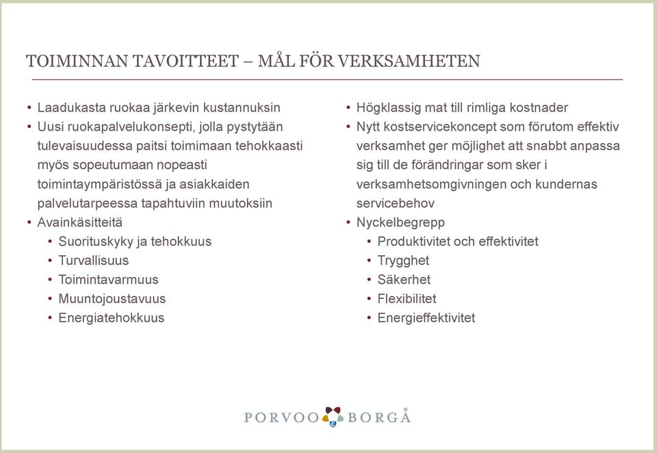 Toimintavarmuus Muuntojoustavuus Energiatehokkuus Högklassig mat till rimliga kostnader Nytt kostservicekoncept som förutom effektiv verksamhet ger möjlighet att snabbt