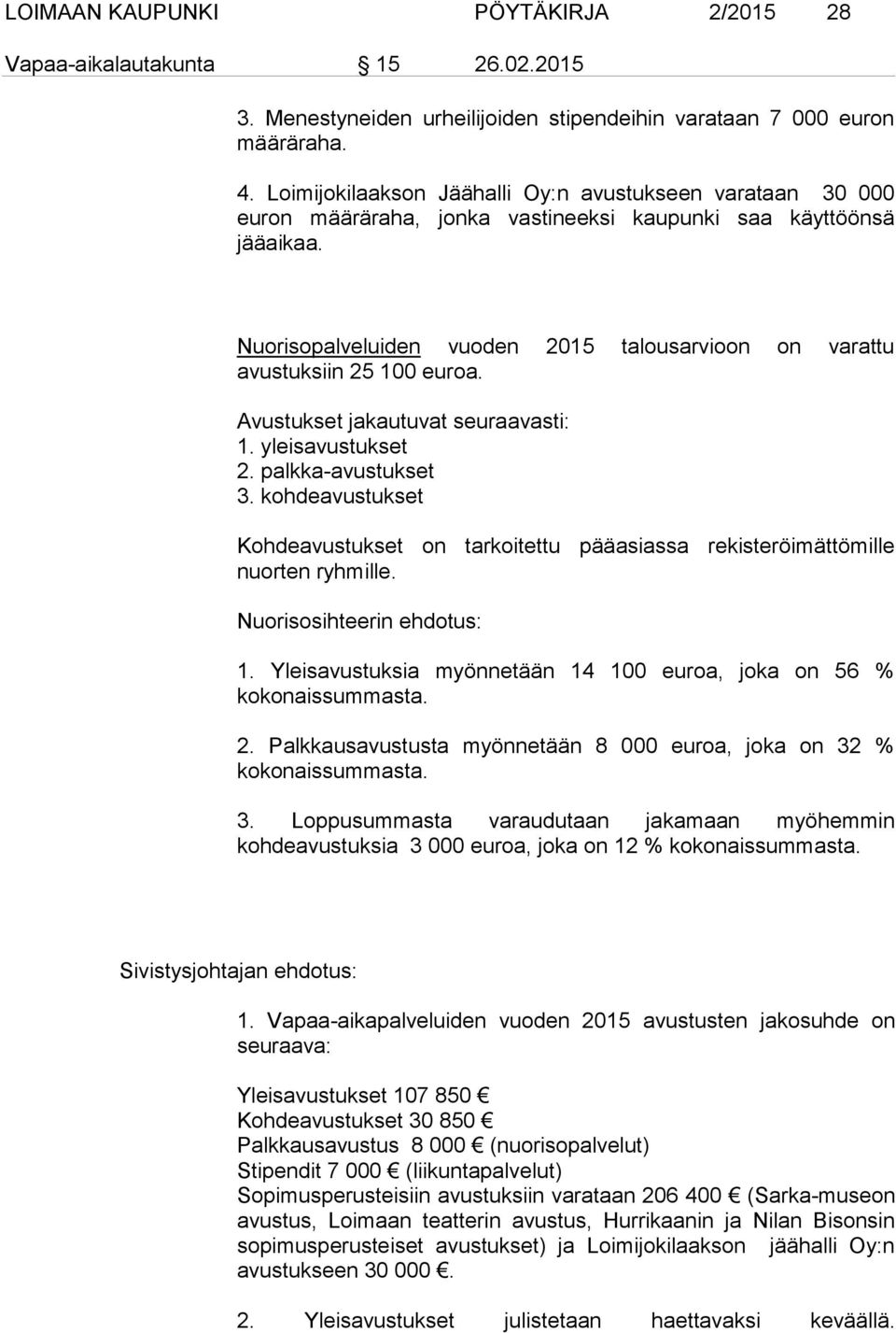 Nuorisopalveluiden vuoden 2015 talousarvioon on varattu avustuksiin 25 100 euroa. Avustukset jakautuvat seuraavasti: 1. yleisavustukset 2. palkka-avustukset 3.