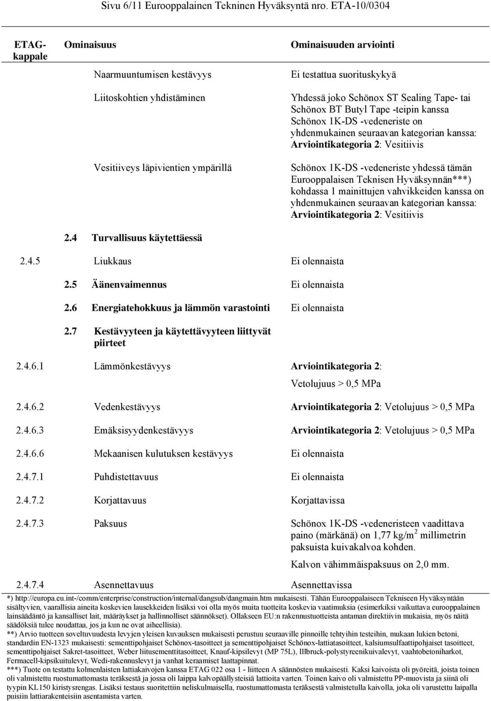 yhdenmukainen seuraavan kategorian kanssa: Arviointikategoria 2: Vesitiivis Schönox 1K-DS -vedeneriste yhdessä tämän Eurooppalaisen Teknisen Hyväksynnän***) kohdassa 1 mainittujen vahvikkeiden kanssa