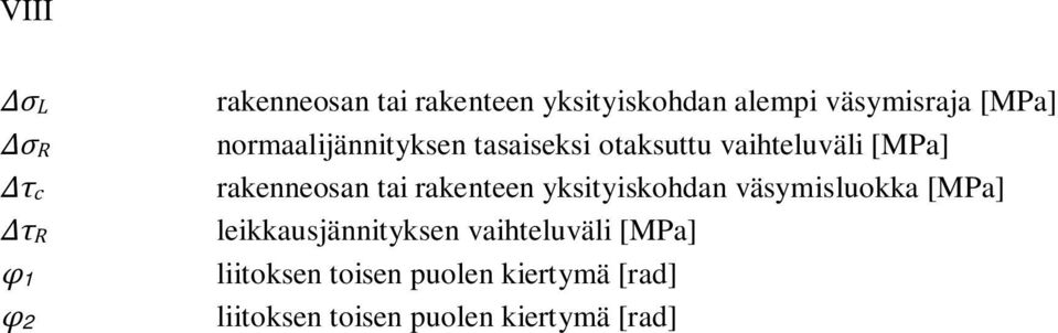 rakenteen yksityiskohdan väsymisluokka [MPa] leikkausjännityksen vaihteluväli