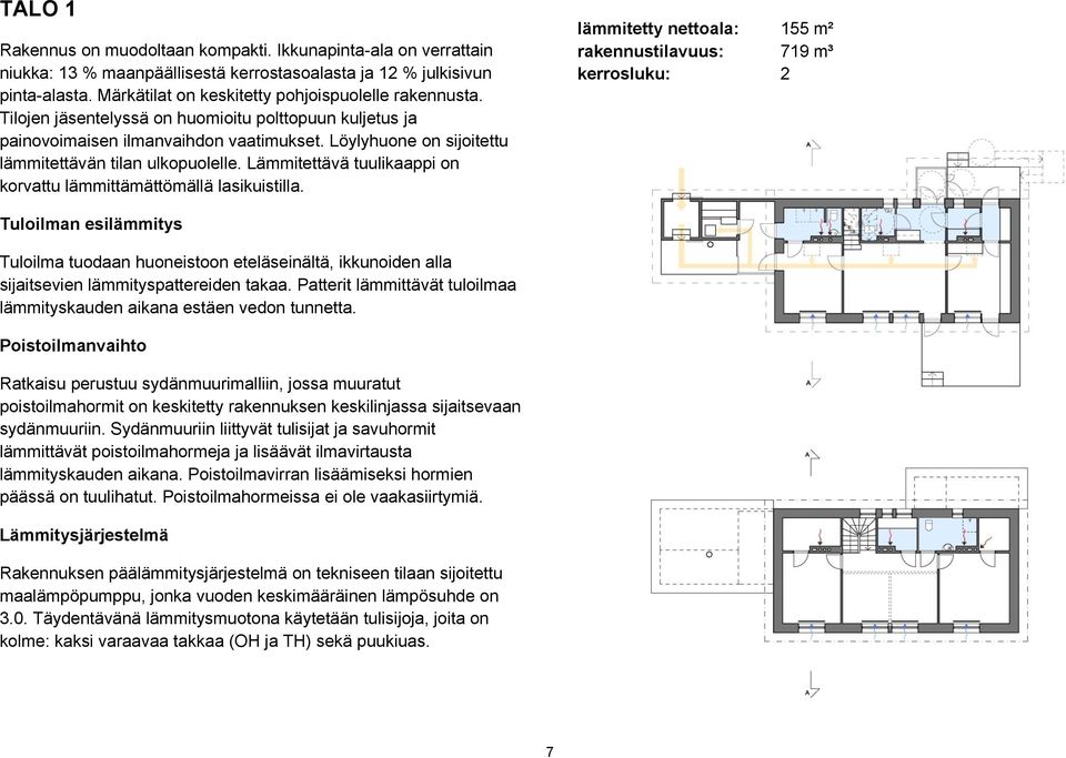 Löylyhuone on sijoitettu lämmitettävän tilan ulkopuolelle. Lämmitettävä tuulikaappi on korvattu lämmittämättömällä lasikuistilla.