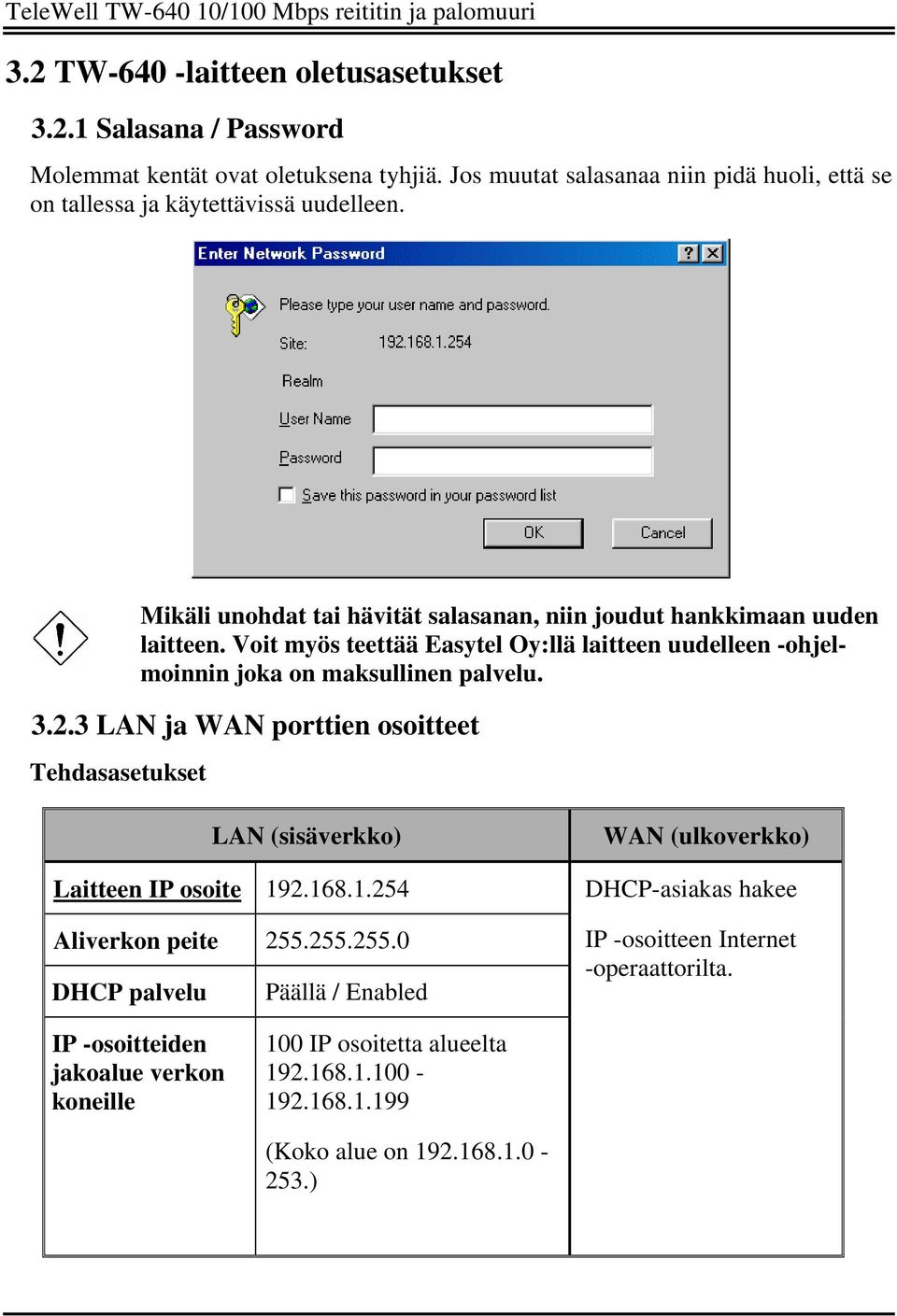 Voit myös teettää Easytel Oy:llä laitteen uudelleen -ohjelmoinnin joka on maksullinen palvelu. 3.2.3 LAN ja WAN porttien osoitteet Tehdasasetukset LAN (sisäverkko) Laitteen IP osoite 19