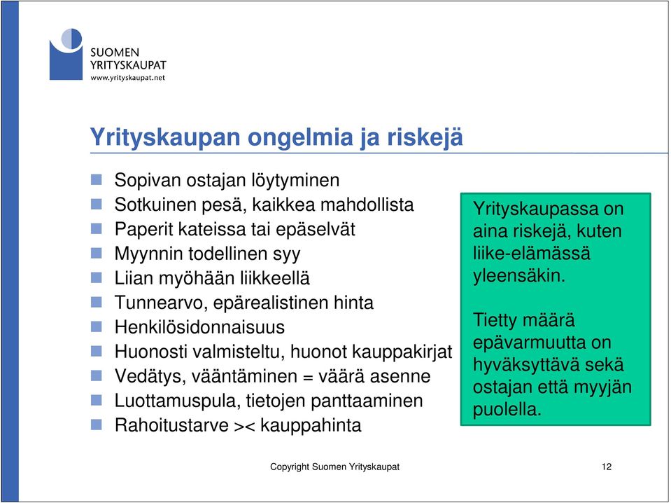 Vedätys, vääntäminen = väärä asenne Luottamuspula, tietojen panttaaminen Rahoitustarve >< kauppahinta Yrityskaupassa on aina riskejä,