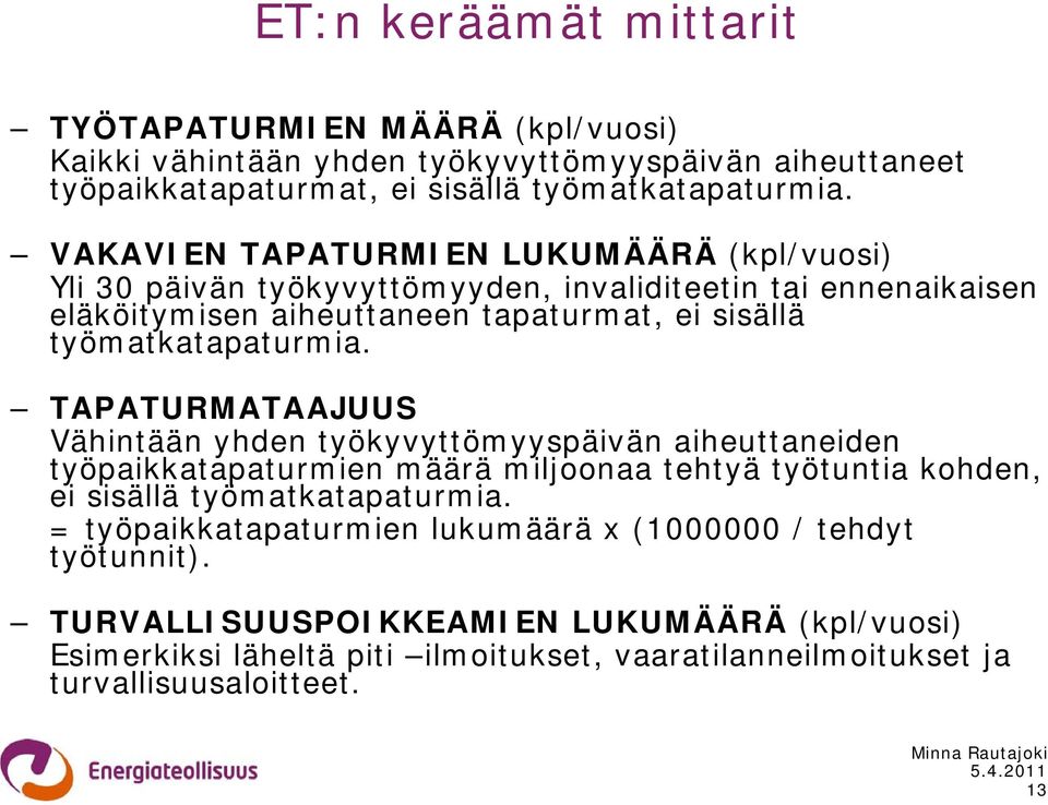 TAPATURMATAAJUUS Vähintään yhden työkyvyttömyyspäivän aiheuttaneiden työpaikkatapaturmien määrä miljoonaa tehtyä työtuntia kohden, ei sisällä työmatkatapaturmia.