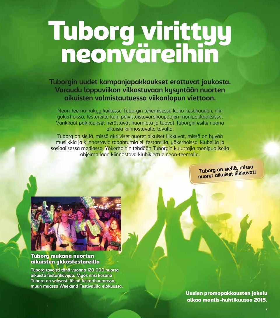Värikkäät pakkaukset herättävät huomiota ja tuovat Tuborgin esille nuoria aikuisia kiinnostavalla tavalla.