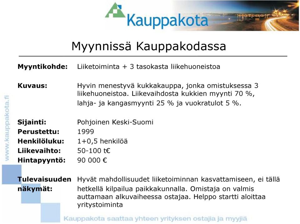 Sijainti: Pohjoinen Keski-Suomi Perustettu: 1999 Henkilöluku: 1+0,5 henkilöä Liikevaihto: 50-100 t Hintapyyntö: 90 000 Tulevaisuuden Hyvät