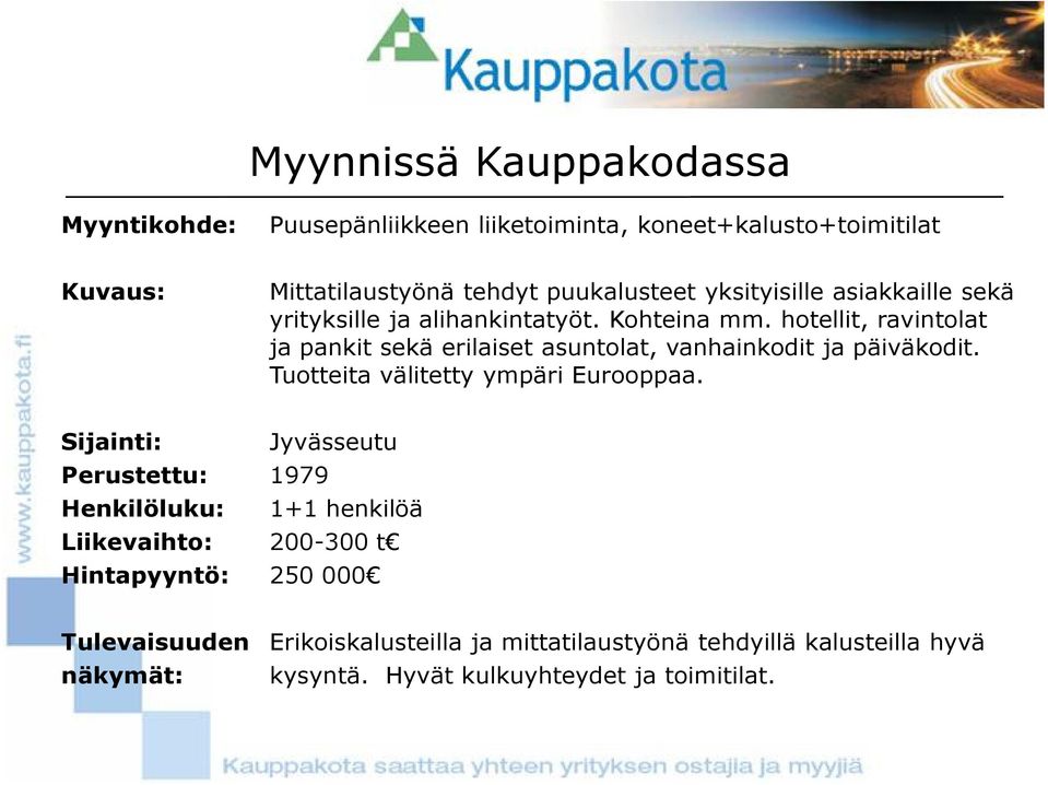 hotellit, ravintolat ja pankit sekä erilaiset asuntolat, vanhainkodit ja päiväkodit. Tuotteita välitetty ympäri Eurooppaa.
