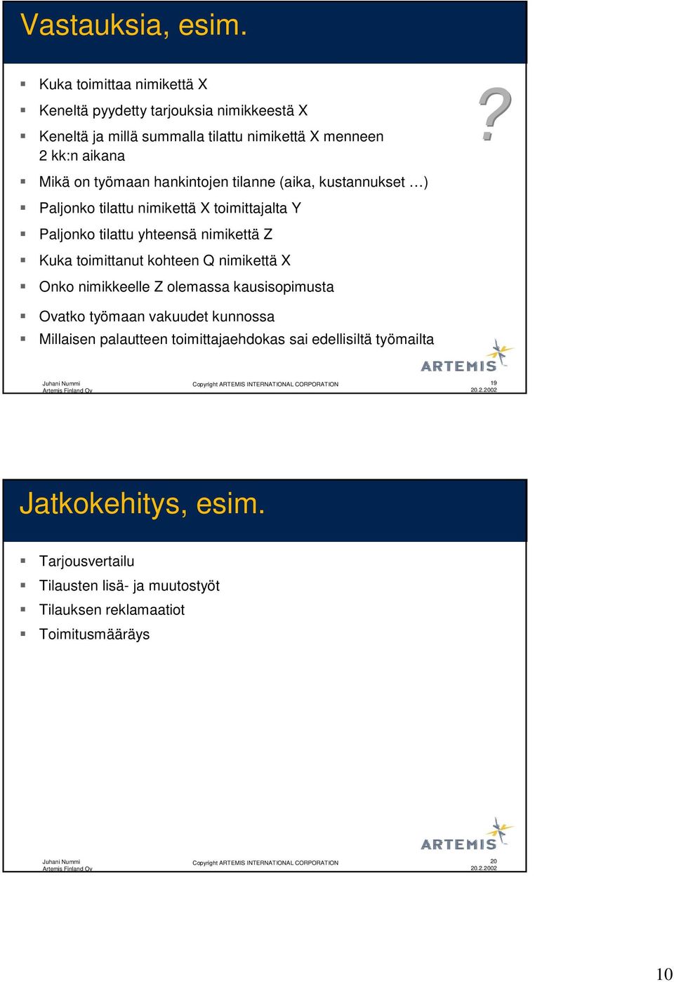 tilanne (aika, kustannukset ) Paljonko tilattu nimikettä X toimittajalta Y Paljonko tilattu yhteensä nimikettä Z Kuka toimittanut kohteen Q nimikettä X Onko nimikkeelle