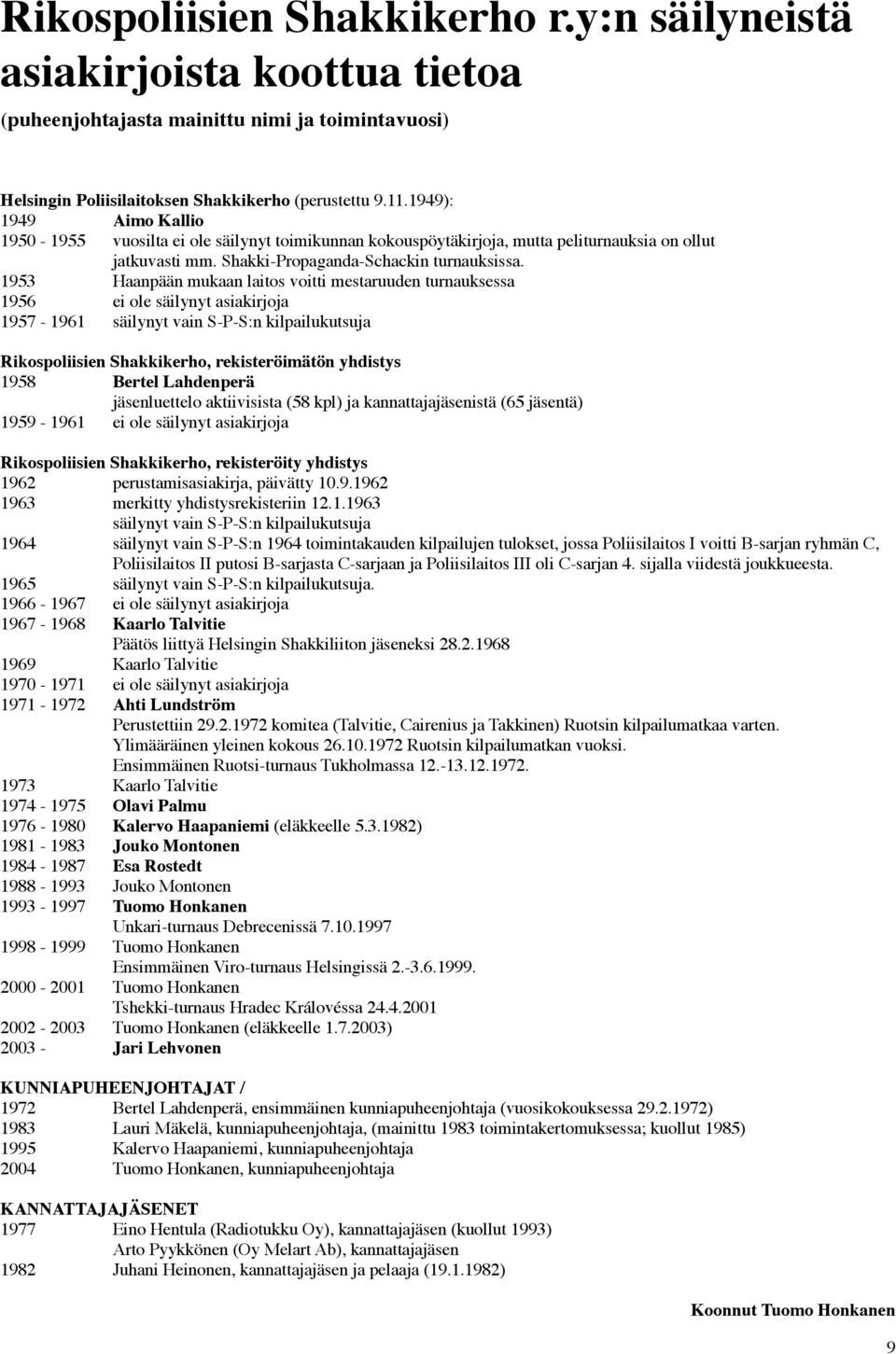 1953 Haanpään mukaan laitos voitti mestaruuden turnauksessa 1956 ei ole säilynyt asiakirjoja 1957-1961 säilynyt vain S-P-S:n kilpailukutsuja Rikospoliisien Shakkikerho, rekisteröimätön yhdistys 1958