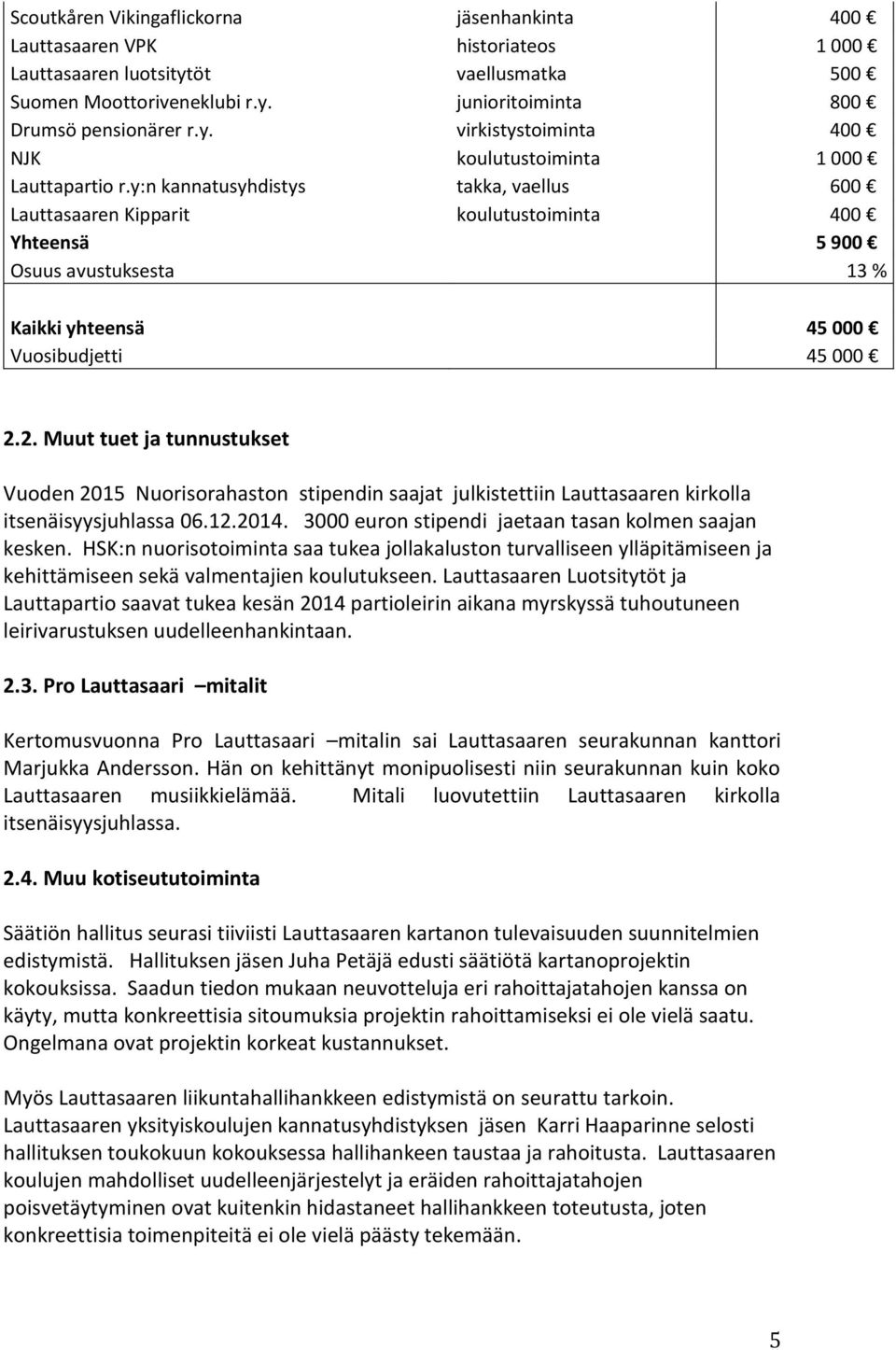 2. Muut tuet ja tunnustukset Vuoden 2015 Nuorisorahaston stipendin saajat julkistettiin Lauttasaaren kirkolla itsenäisyysjuhlassa 06.12.2014. 3000 euron stipendi jaetaan tasan kolmen saajan kesken.