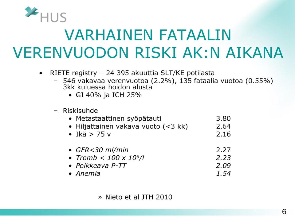 55%) 3kk kuluessa hoidon alusta GI 40% ja ICH 25% Riskisuhde Metastaattinen syöpätauti 3.