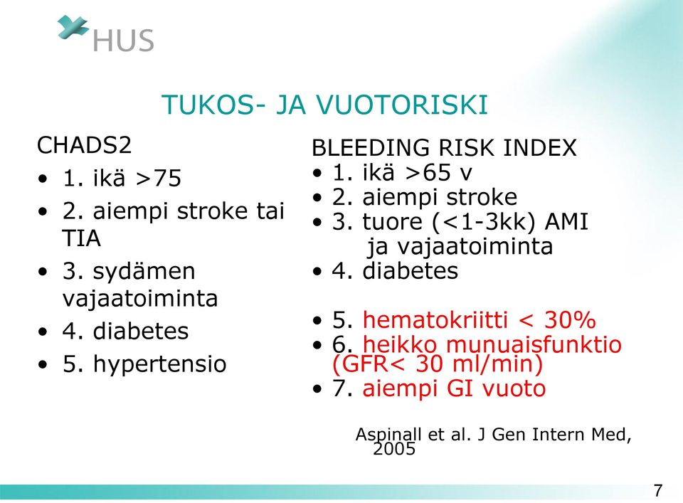 aiempi stroke 3. tuore (<1-3kk) AMI ja vajaatoiminta 4. diabetes 5.