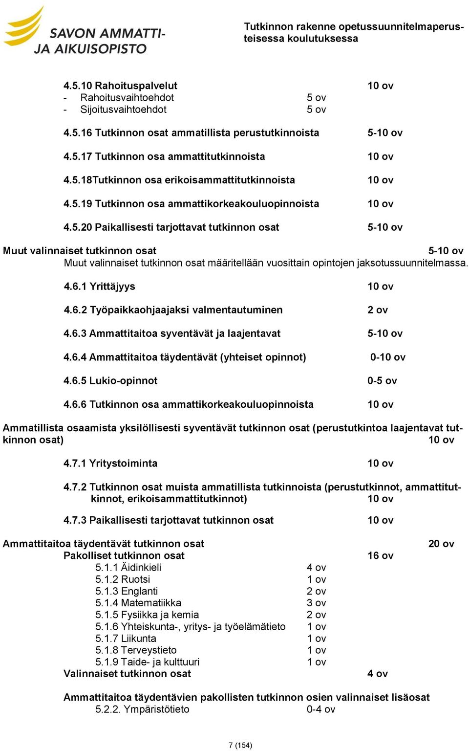 4.6.1 Yrittäjyys 10 ov 4.6.2 Työpaikkaohjaajaksi valmentautuminen 2 ov 4.6.3 Ammattitaitoa syventävät ja laajentavat 510 ov 4.6.4 Ammattitaitoa täydentävät (yhteiset opinnot) 010 ov 4.6.5 Lukioopinnot 05 ov 4.