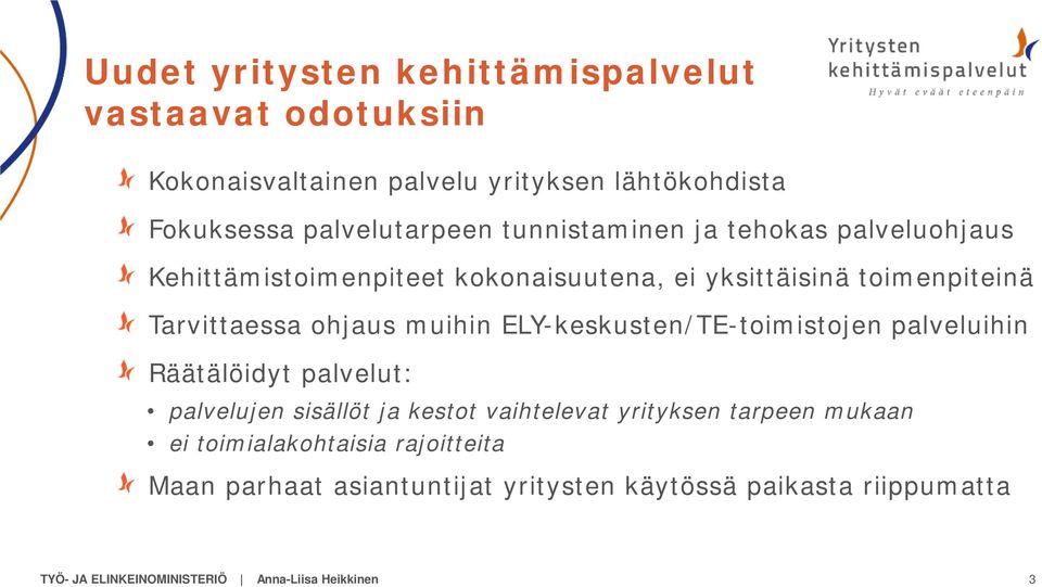 ELY-keskusten/TE-toimistojen palveluihin Räätälöidyt palvelut: palvelujen sisällöt ja kestot vaihtelevat yrityksen tarpeen mukaan ei