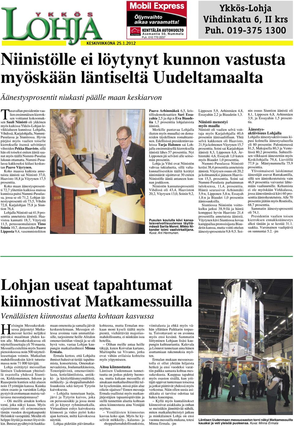 voittanut kokoomuksen Sauli Niinistö oli ykkönen myös kaikissa Ykkös-Lohjan levikkialueen kunnissa: Lohjalla, Vihdissä, Karjalohjalla, Nummi- Pusulassa ja Siuntiossa.