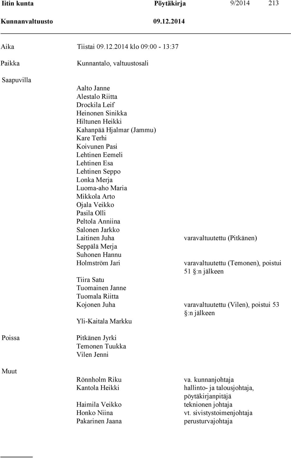 2014 klo 09:00-13:37 Paikka Saapuvilla Poissa Kunnantalo, valtuustosali Aalto Janne Alestalo Riitta Drockila Leif Heinonen Sinikka Hiltunen Heikki Kahanpää Hjalmar (Jammu) Kare Terhi Koivunen Pasi