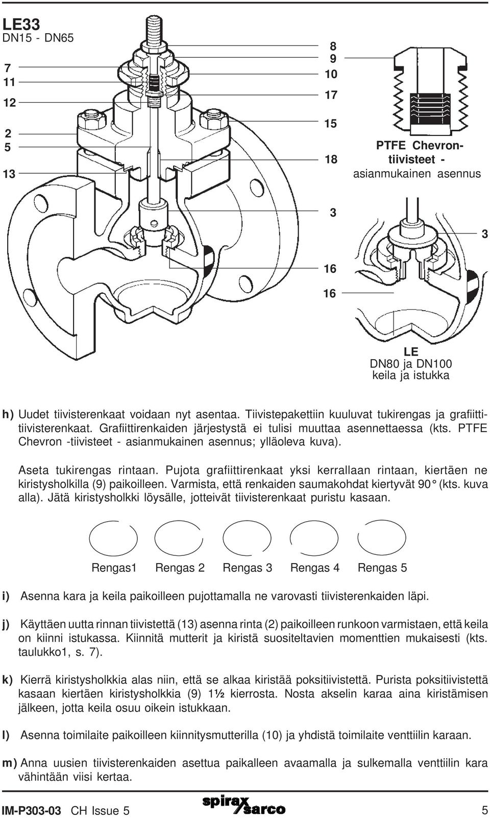 PTFE Chevron -tiivisteet - asianmukainen asennus; ylläoleva kuva). Aseta tukirengas rintaan. Pujota grafiittirenkaat yksi kerrallaan rintaan, kiertäen ne kiristysholkilla (9) paikoilleen.