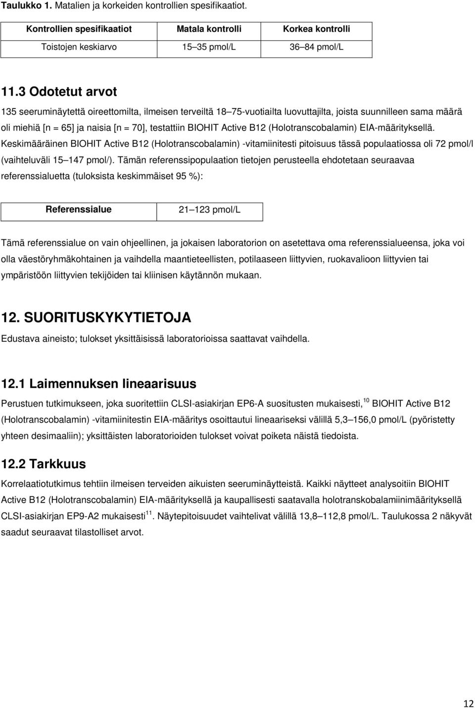 B12 (Holotranscobalamin) EIA-määrityksellä. Keskimääräinen BIOHIT Active B12 (Holotranscobalamin) -vitamiinitesti pitoisuus tässä populaatiossa oli 72 pmol/l (vaihteluväli 15 147 pmol/).