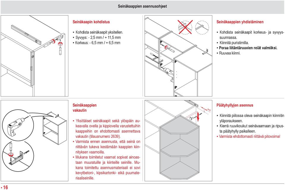 Ruuvaa kiinni. Seinäkaappien vakautin Yksittäiset seinäkaapit sekä ylöspäin aukeavalla ovella ja kippiovella varustettuihin kaappeihin on ehdottomasti asennettava vakautin (tilausnumero 2639).