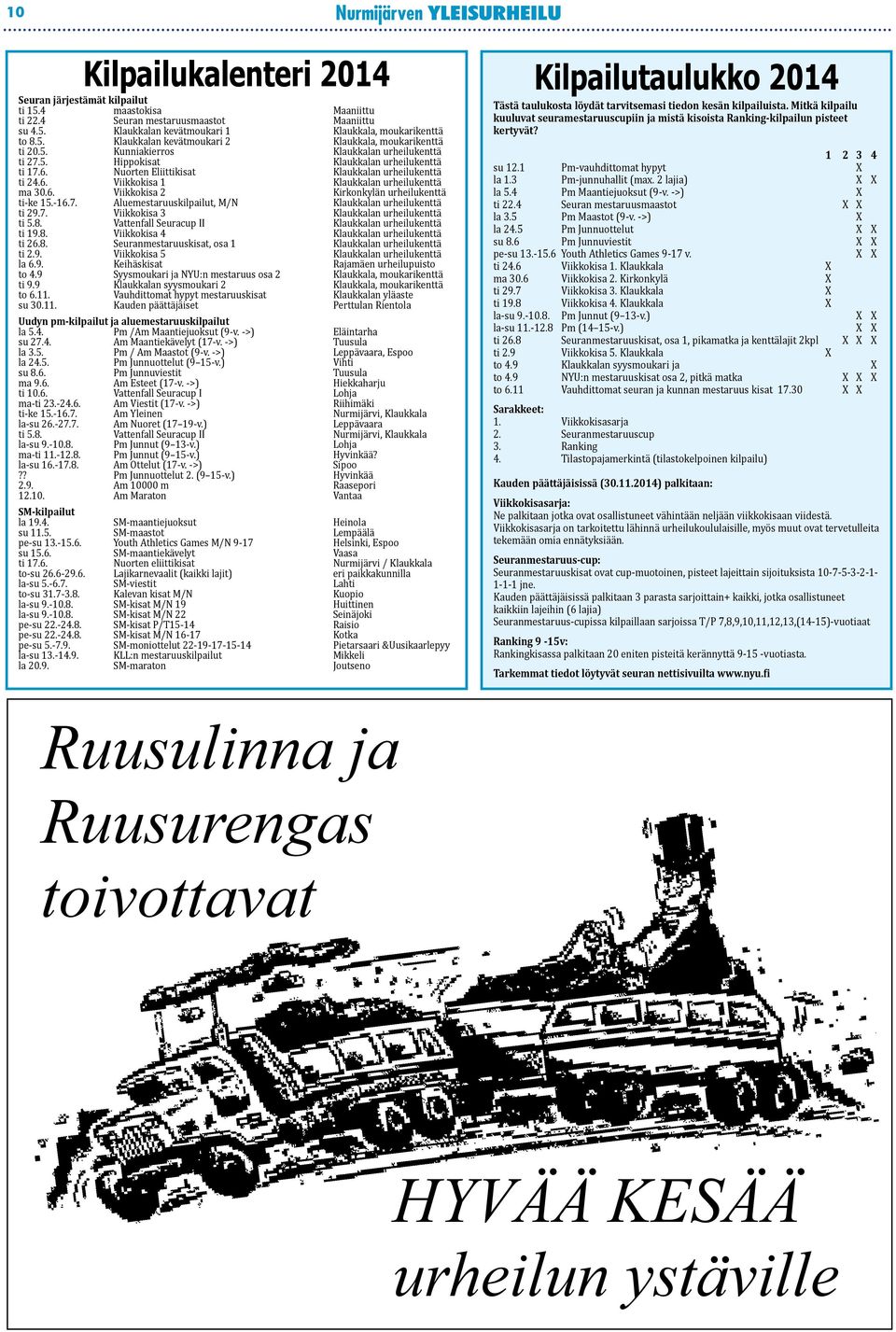 Nuorten Eliittikisat Klaukkalan urheilukenttä ti 24.6. Viikkokisa 1 Klaukkalan urheilukenttä ma 30.6. Viikkokisa 2 Kirkonkylän urheilukenttä ti-ke 15.-16.7.