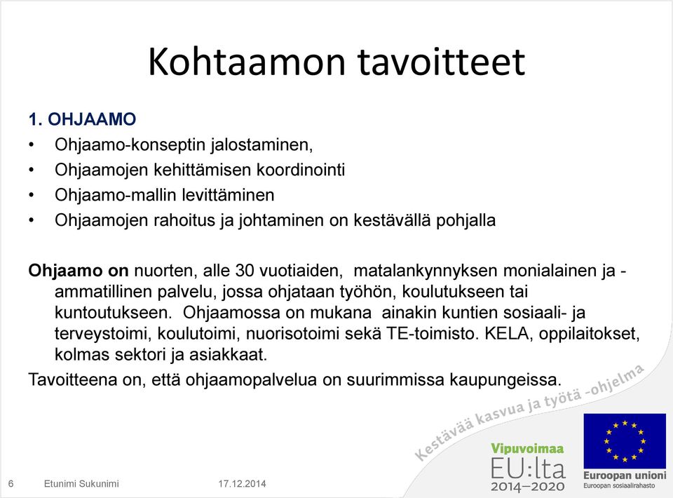 on kestävällä pohjalla Ohjaamo on nuorten, alle 30 vuotiaiden, matalankynnyksen monialainen ja - ammatillinen palvelu, jossa ohjataan