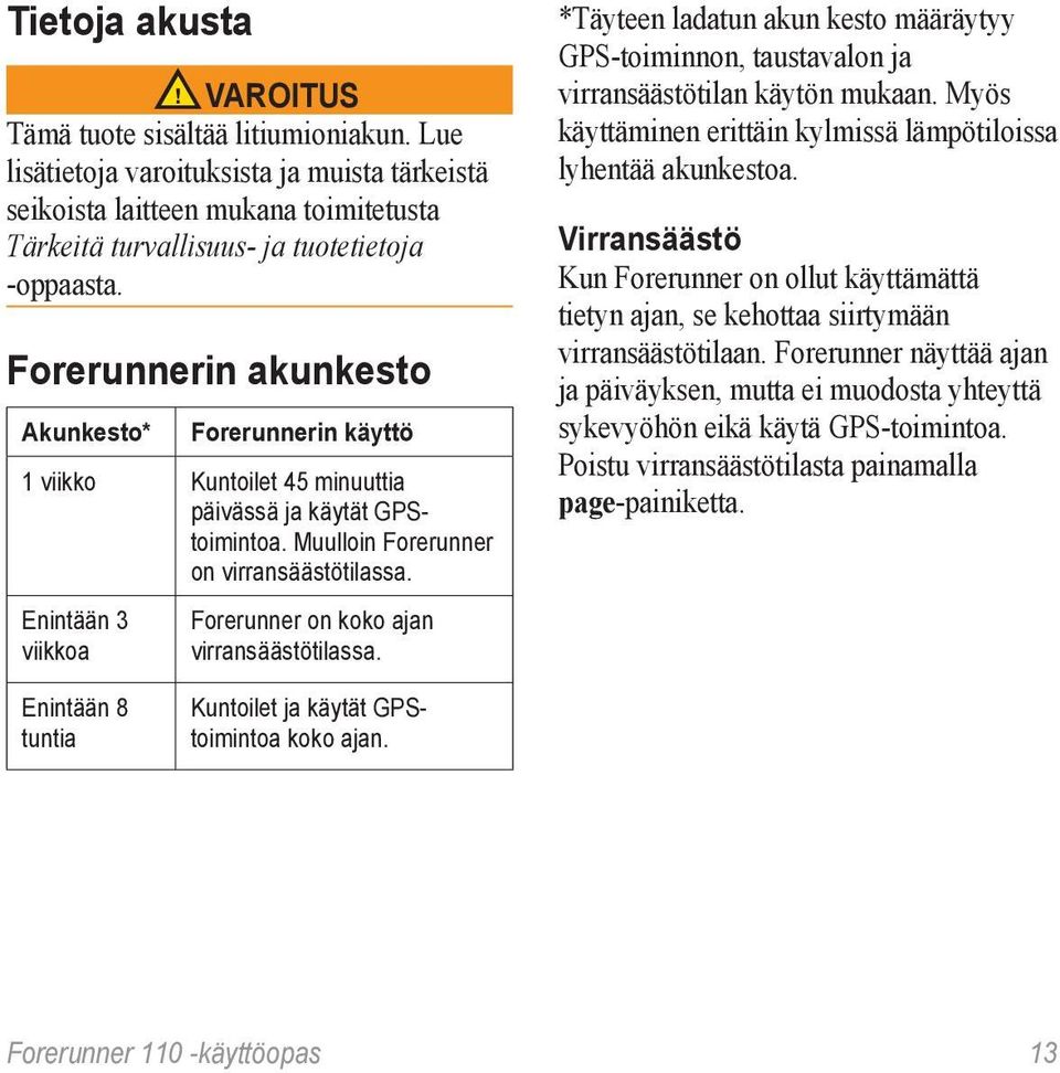 Enintään 3 viikkoa Forerunner on koko ajan virransäästötilassa. *Täyteen ladatun akun kesto määräytyy GPS-toiminnon, taustavalon ja virransäästötilan käytön mukaan.