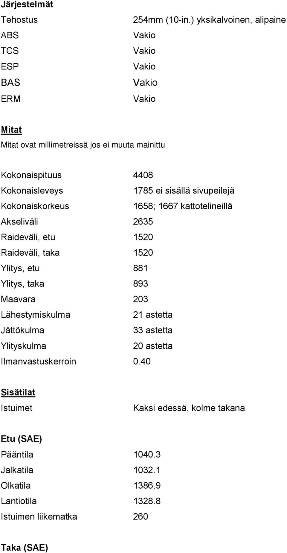 Kokonaiskorkeus 1658; 1667 kattotelineillä Akseliväli 2635 Raideväli, etu 1520 Raideväli, taka 1520 Ylitys, etu 881 Ylitys, taka 893 Maavara 203