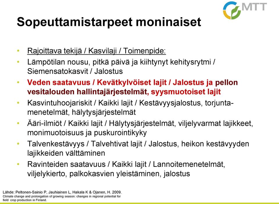 / Hälytysjärjestelmät, viljelyvarmat lajikkeet, monimuotoisuus ja puskurointikyky Talvenkestävyys / Talvehtivat lajit / Jalostus, heikon kestävyyden lajikkeiden välttäminen Ravinteiden saatavuus /