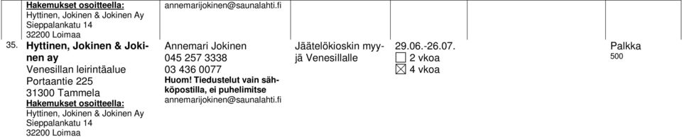 Hyttinen, Jokinen & Jokinen ay Venesillan leirintäalue Portaantie 225 Hakemukset osoitteella: Hyttinen, Jokinen & Jokinen Ay Sieppalankatu 14 32200 Loimaa 37.