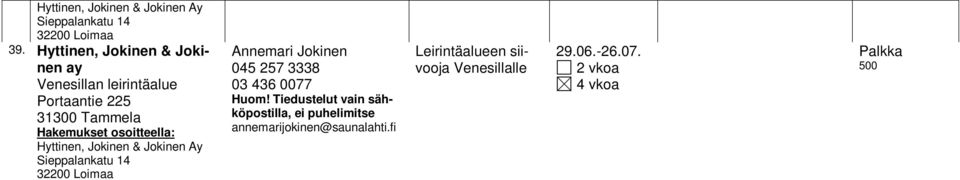 Hämeen Luontokeskus, Metsähallitus Härkätie 818 31380 Letku 41. Hämeen Luontokeskus, Metsähallitus Härkätie 818 31380 Letku 42. J & A Simelius Somerontie 206 43. J & A Simelius Somerontie 206 44.