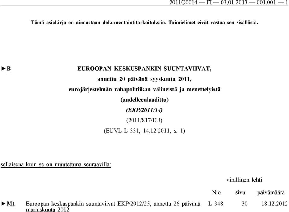 (uudelleenlaadittu) (EKP/2011/14) (2011/817/EU) (EUVL L 331, 14.12.2011, s.