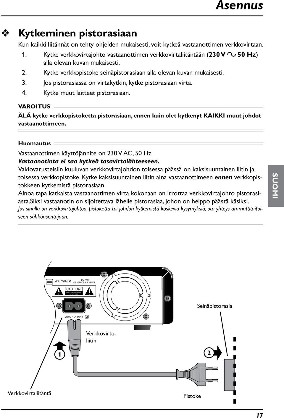 Jos pistorasiassa on virtakytkin, kytke pistorasiaan virta. 4. Kytke muut laitteet pistorasiaan.