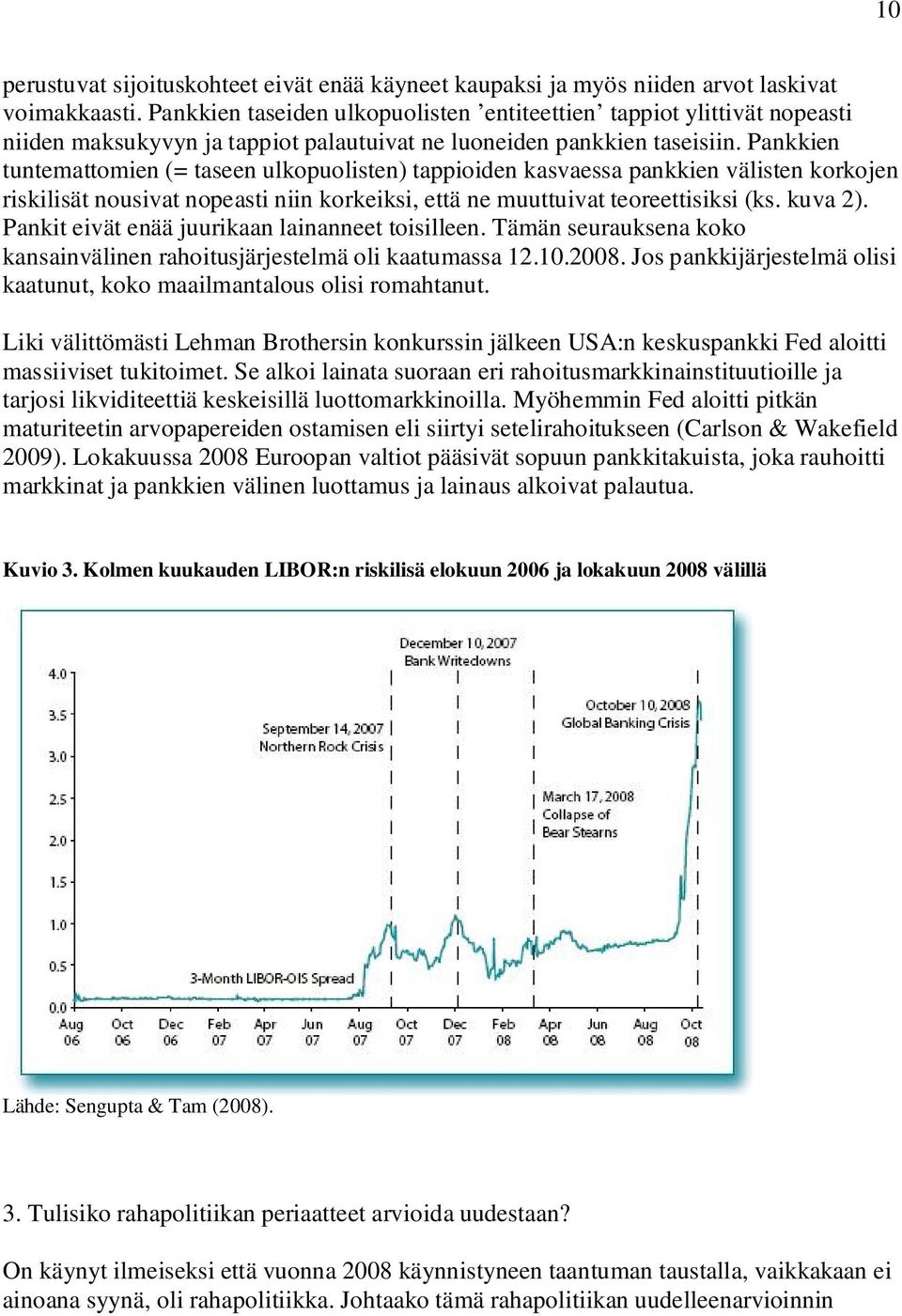 Pankkien tuntemattomien (= taseen ulkopuolisten) tappioiden kasvaessa pankkien välisten korkojen riskilisät nousivat nopeasti niin korkeiksi, että ne muuttuivat teoreettisiksi (ks. kuva 2).