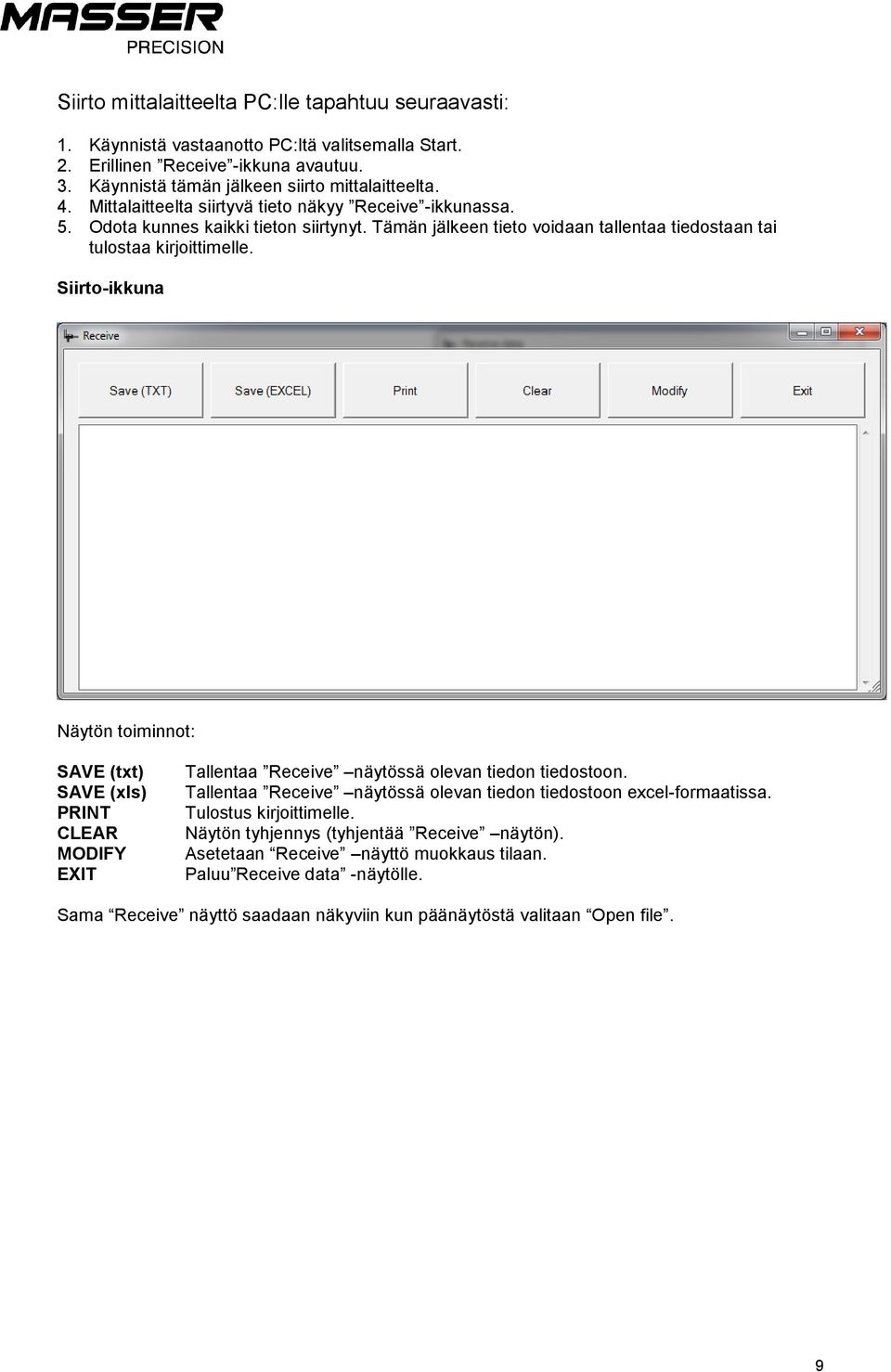 Siirto-ikkuna Näytön toiminnot: SAVE (txt) SAVE (xls) PRINT CLEAR MODIFY EXIT Tallentaa Receive näytössä olevan tiedon tiedostoon.