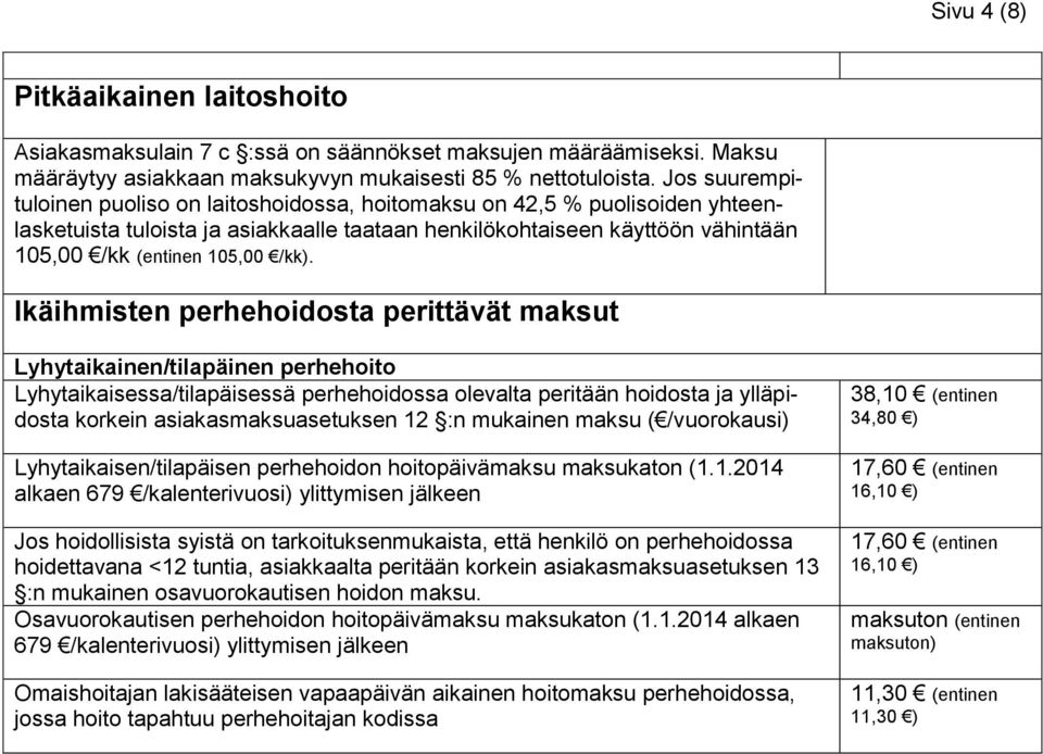 Ikäihmisten perhehoidosta perittävät maksut Lyhytaikainen/tilapäinen perhehoito Lyhytaikaisessa/tilapäisessä perhehoidossa olevalta peritään hoidosta ja ylläpidosta korkein asiakasmaksuasetuksen 12