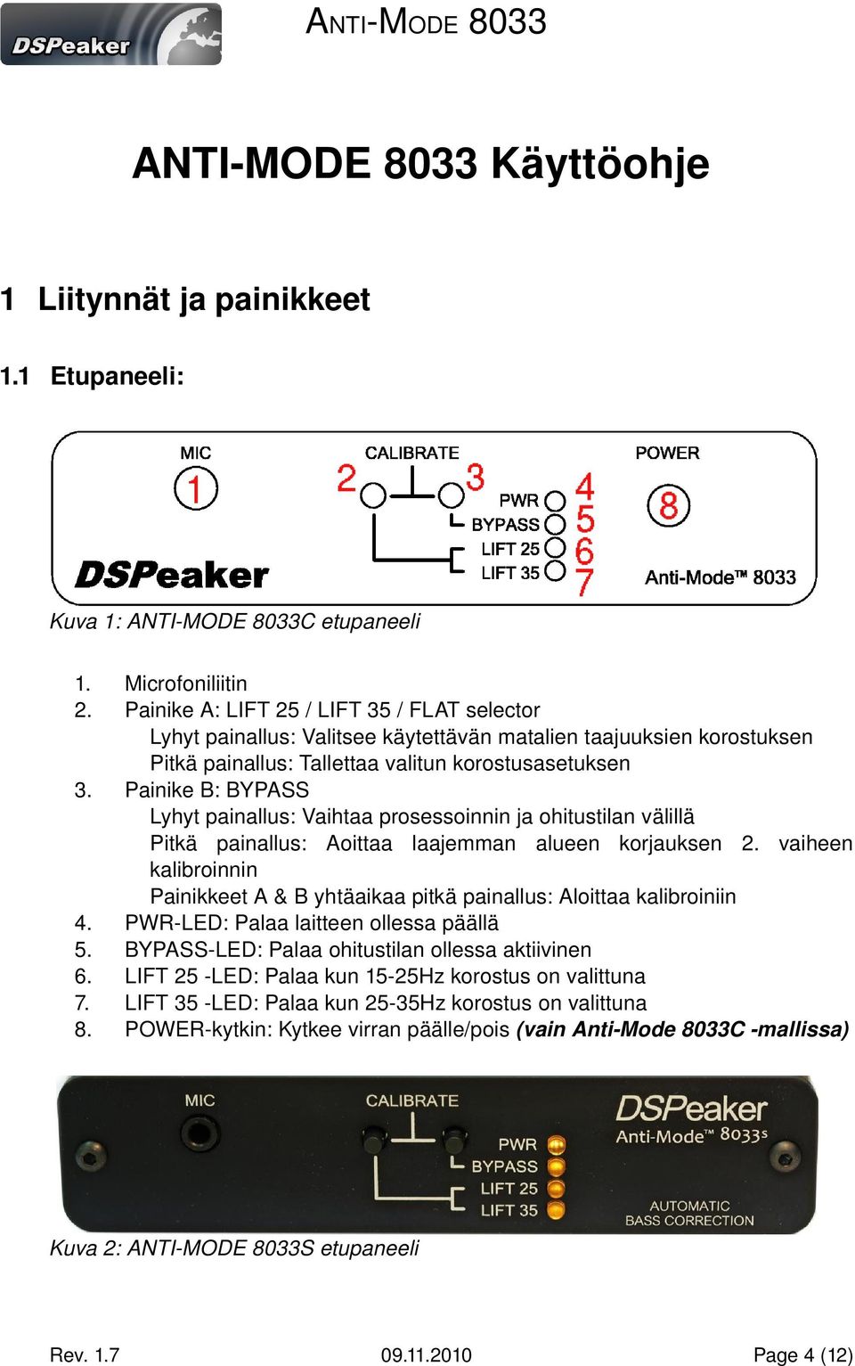 Painike B: BYPASS Lyhyt painallus: Vaihtaa prosessoinnin ja ohitustilan välillä Pitkä painallus: Aoittaa laajemman alueen korjauksen 2.