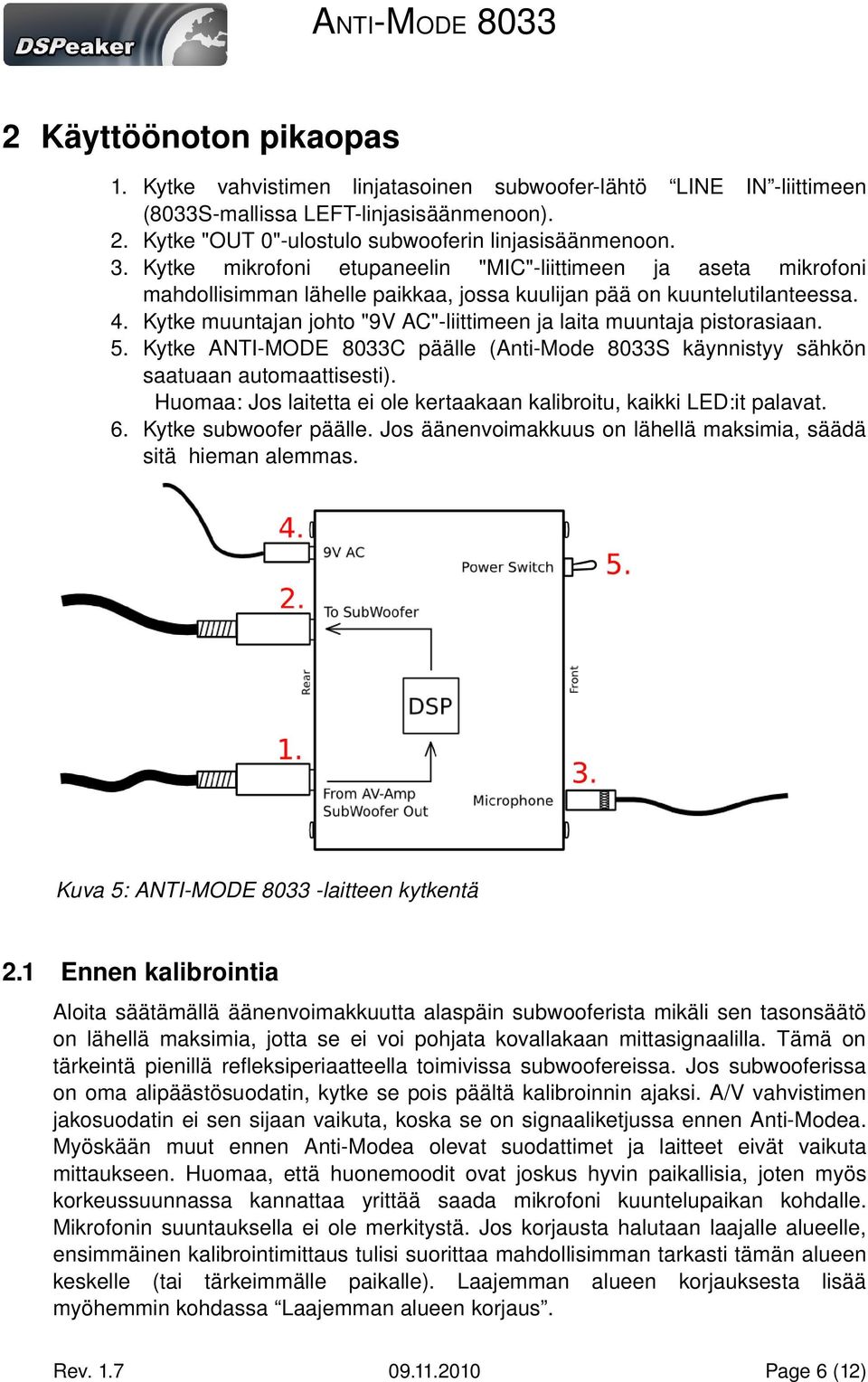 Kytke muuntajan johto "9V AC" liittimeen ja laita muuntaja pistorasiaan. 5. Kytke ANTI MODE 8033C päälle (Anti Mode 8033S käynnistyy sähkön saatuaan automaattisesti).