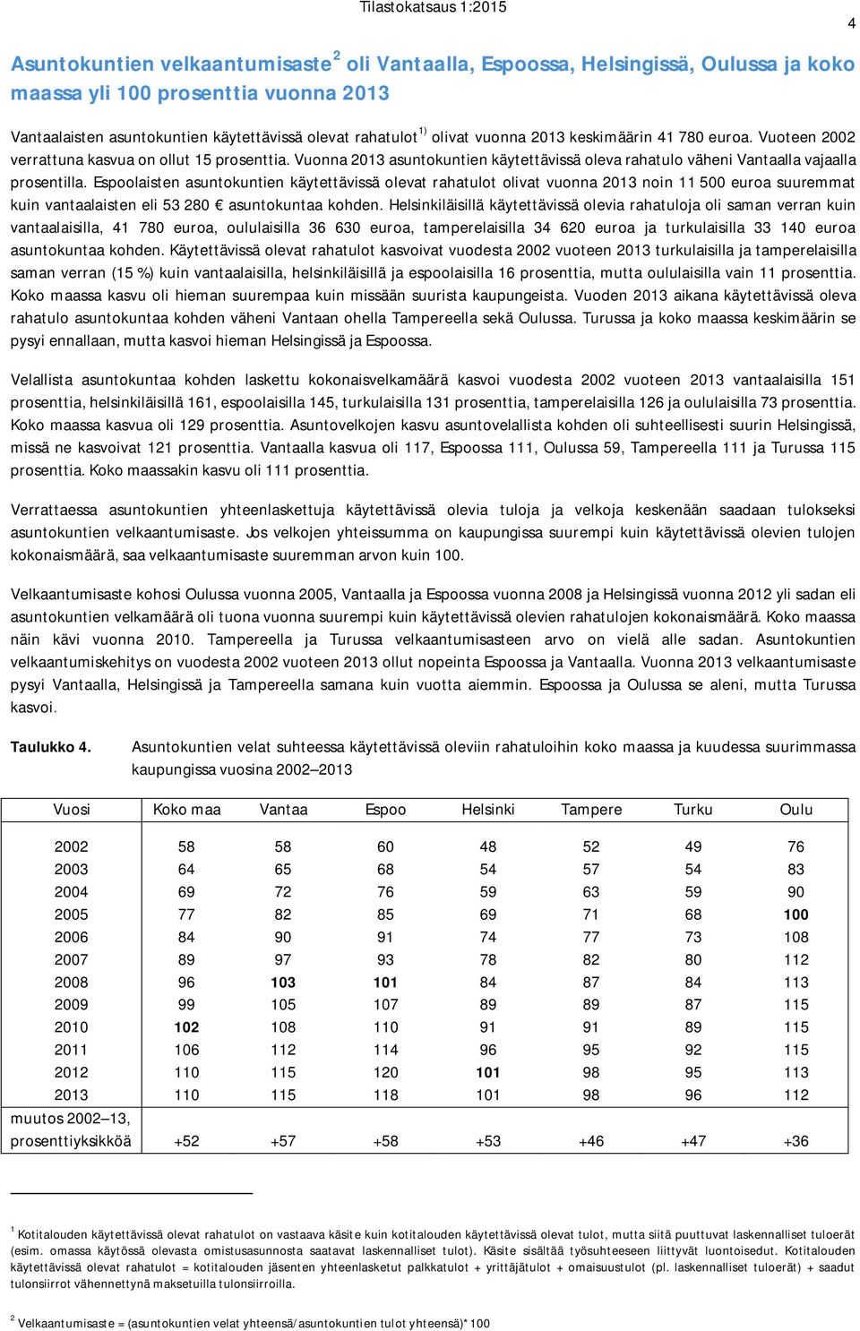 Espoolaisten asuntokuntien käytettävissä olevat rahatulot olivat vuonna 2013 noin 11 500 euroa suuremmat kuin vantaalaisten eli 53 280 asuntokuntaa kohden.