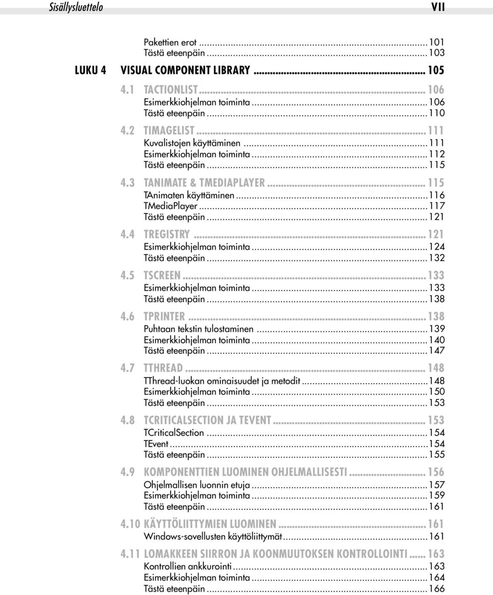 4 TREGISTRY... 121 Esimerkkiohjelman toiminta...124 Tästä eteenpäin...132 4.5 TSCREEN... 133 Esimerkkiohjelman toiminta...133 Tästä eteenpäin...138 4.6 TPRINTER... 138 Puhtaan tekstin tulostaminen.